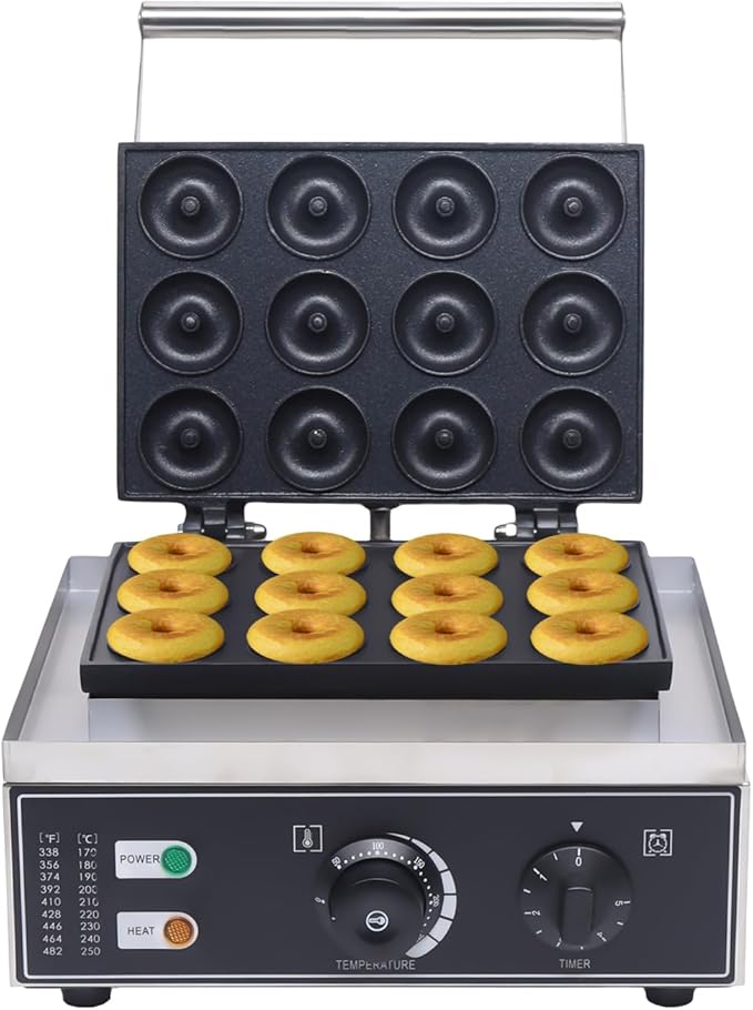 Mini Donut Maker Commercial Donut Maker Machine Electric Stainless Steel Doughnut Maker Double-Sided Heating with Non-stick Plate for Kitchen, Restaurant (12Pcs/Pan 1550W)