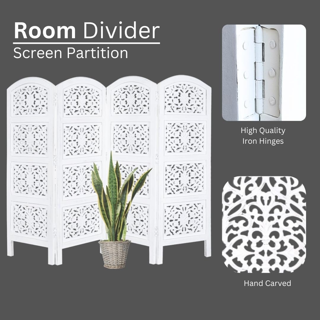 Room Divider Wood Screen Panel – White, 4-Panel Folding 64"x48", Hand-Carved, Reversible Privacy Partition, Decorative & Functional Portable Room Divider for Home or Office