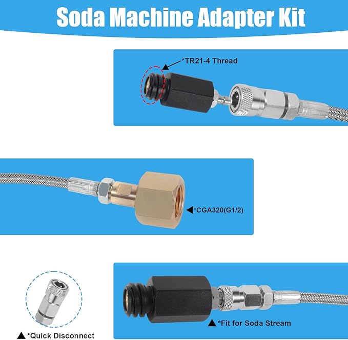 Soda Maker Adapter Soda Maker Connector, CO2 Tank CO2 Cylinder Adapter with Stainless Steel Hose, CGA320 to TR21-4 Carbonated Water Maker for Fizzi One Touch Jet Ninja
