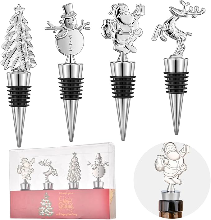 4 Pack Christmas Wine Stoppers, Alloy Wine Bottle Stoppers for Xmas Decoration, Bottle Stopper for Keeping Wine Fresh, Wine Accessories Gift for Hostess - Wine Bottle Corkers