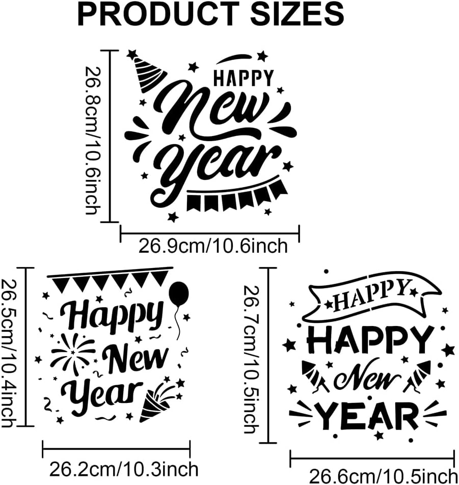 MAYJOYDIY 3pcs Happy New Year Stencil Template 11.8×11.8inch Reusable New Year Star Fireworks Decorative Flag Pattern Template with Paint Brush for Arts Crafts Home Decor Wood Wall Fabric
