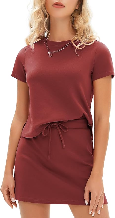 EXLURA Womens Summer 2 Piece Short Skirt Sets Short Sleeve Tshirt Matching Tennis Skort Cotton Airport Travel Vacation Outfit