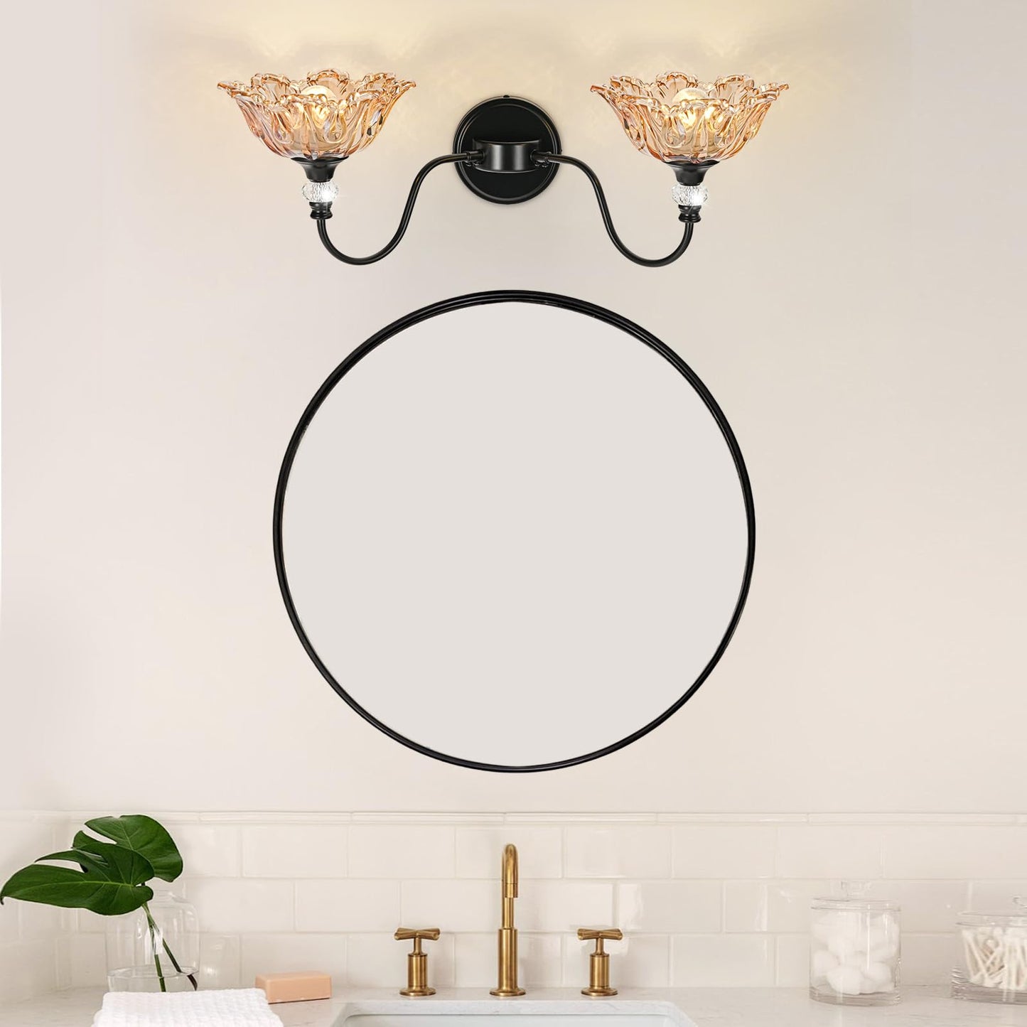 Sunkryster Black Bathroom Vanity Light  2-Light Vanity Light With Floral Amber Glass Shades Vintage Farmhouse Wall Mount Lighting For Bathroom  Dressing Table