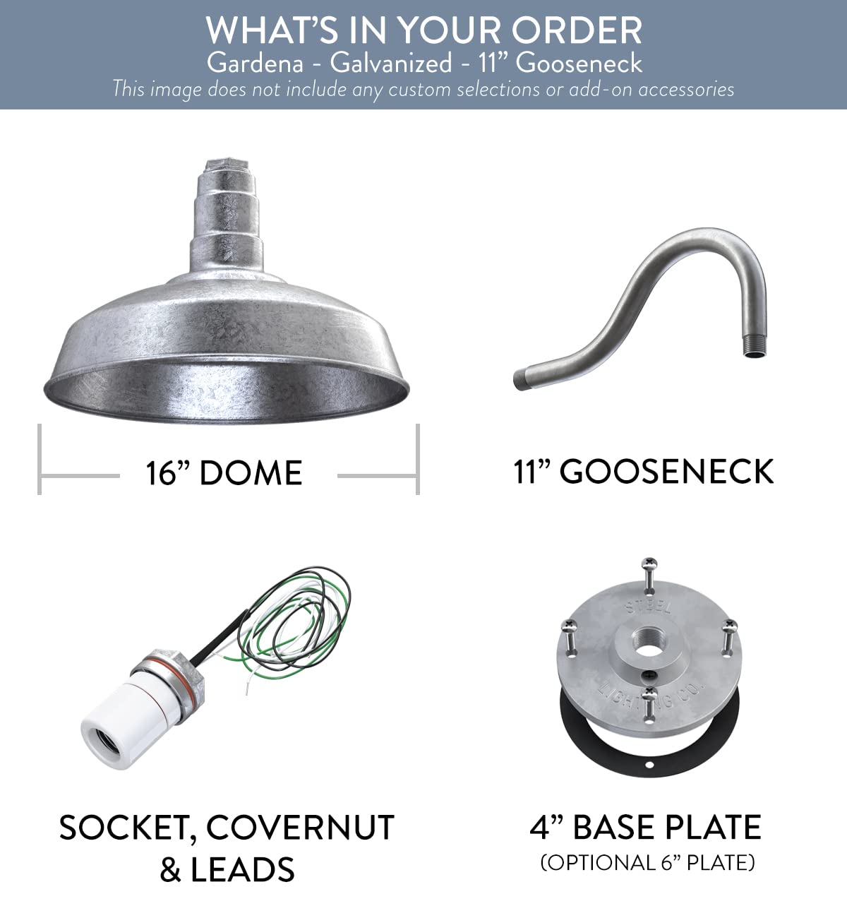 Steel Lighting Co. Gardena Barn Light - 16 Dome, 11 Gooseneck, Galvanized Porcelain, Outdoor Wall Mounted, Made In America