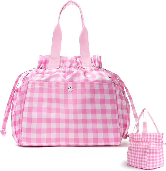 MEXS Lunch Bag for Women Reusable Drawstring Insulated Lunch Box Plaid Stain-Resistant Large Cinch Closure Lunch Bags for Picnic