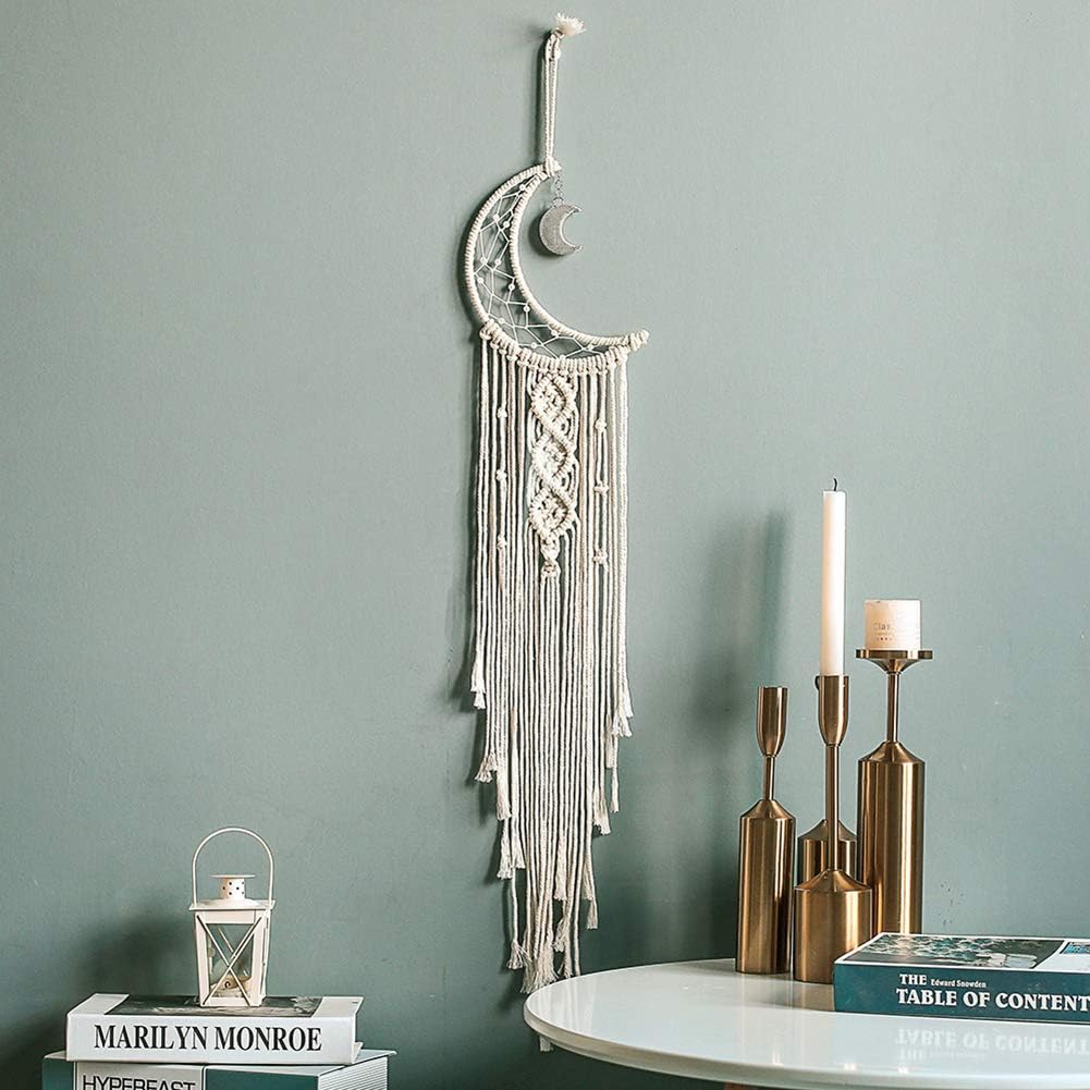 MOONFLY Dream Catcher with Handmade Moon Star Design Woven Cotton Dream Catchers Boho Macrame Wall Hanging Home Decoration Ornament Craft Gift (White Moon)