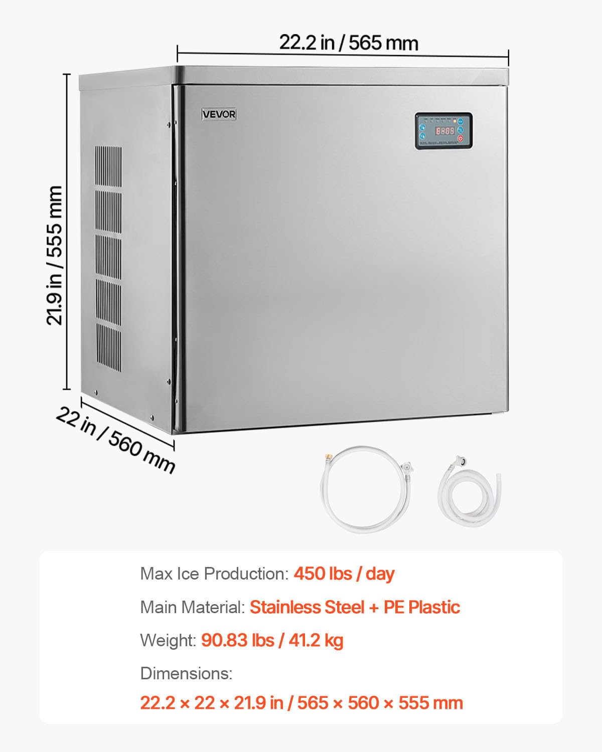 VEVOR Commercial Ice Maker Machine - Head, 450 Lbs/Day Stainless Steel Ice Machine with Scheduled Ice-Making, Self-Cleaning, Adjustable Thickness, Ideal for Restaurant Bar Cafe Hotel - Head Only