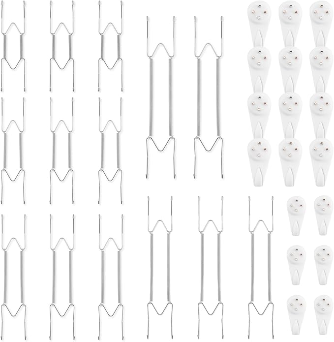 Bilillo 14 Pcs Plate Hangers for Wall - 8/10/12/14/16 Inch Invisible Plates Hanger, Stainless Steel Plate Holders with 14 Pieces Wall Hooks for 7.5 to 19.5 Inch Decorative Plates and Arts (Silver)