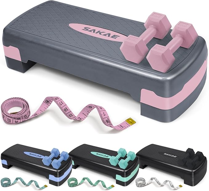 Aerobic Stepper Set with Dumbbells & Measuring Tape, Adjustable Height 2 Level Risers Workout Exercise Step Platform, 4 Co...