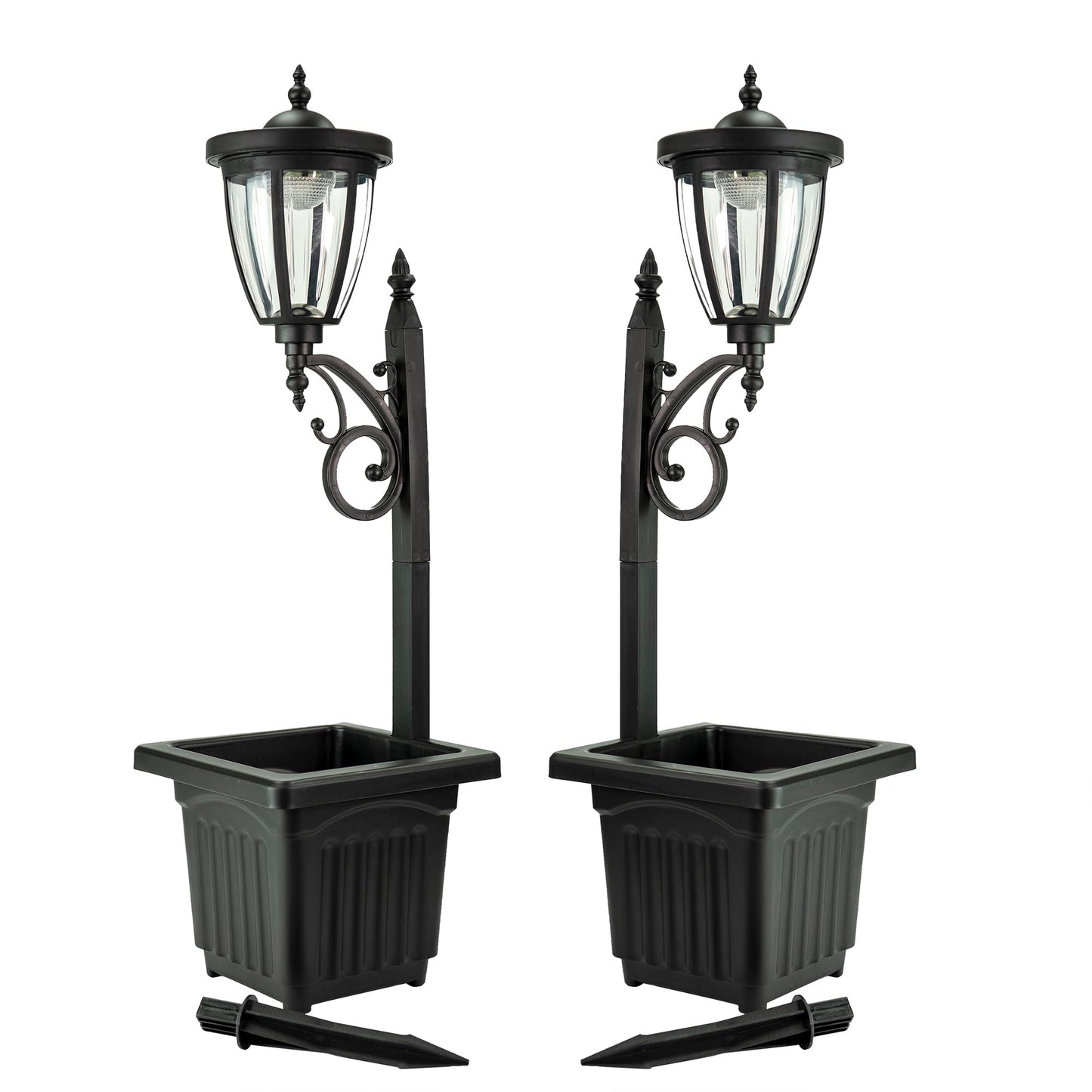 Sun-Ray Solar Lights 2-Piece Set - Multi-Function With Posts, Ground Stakes, Planters, Wall Mount - Black Plastic, Model 312022