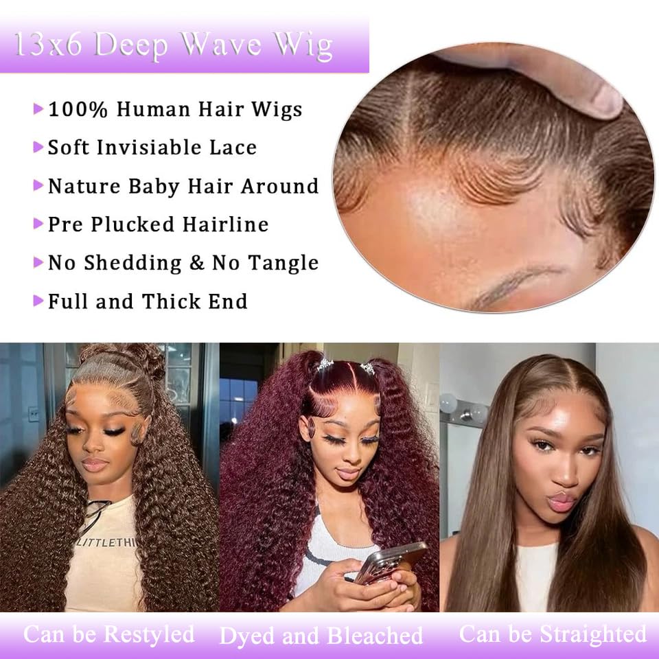 ABSFWIW 28 Inch Chocolate Brown Lace Front Wig Human Hair 13x6 Deep Wave Lace Front Wigs Human Hair 180 Density HD Colored Deep