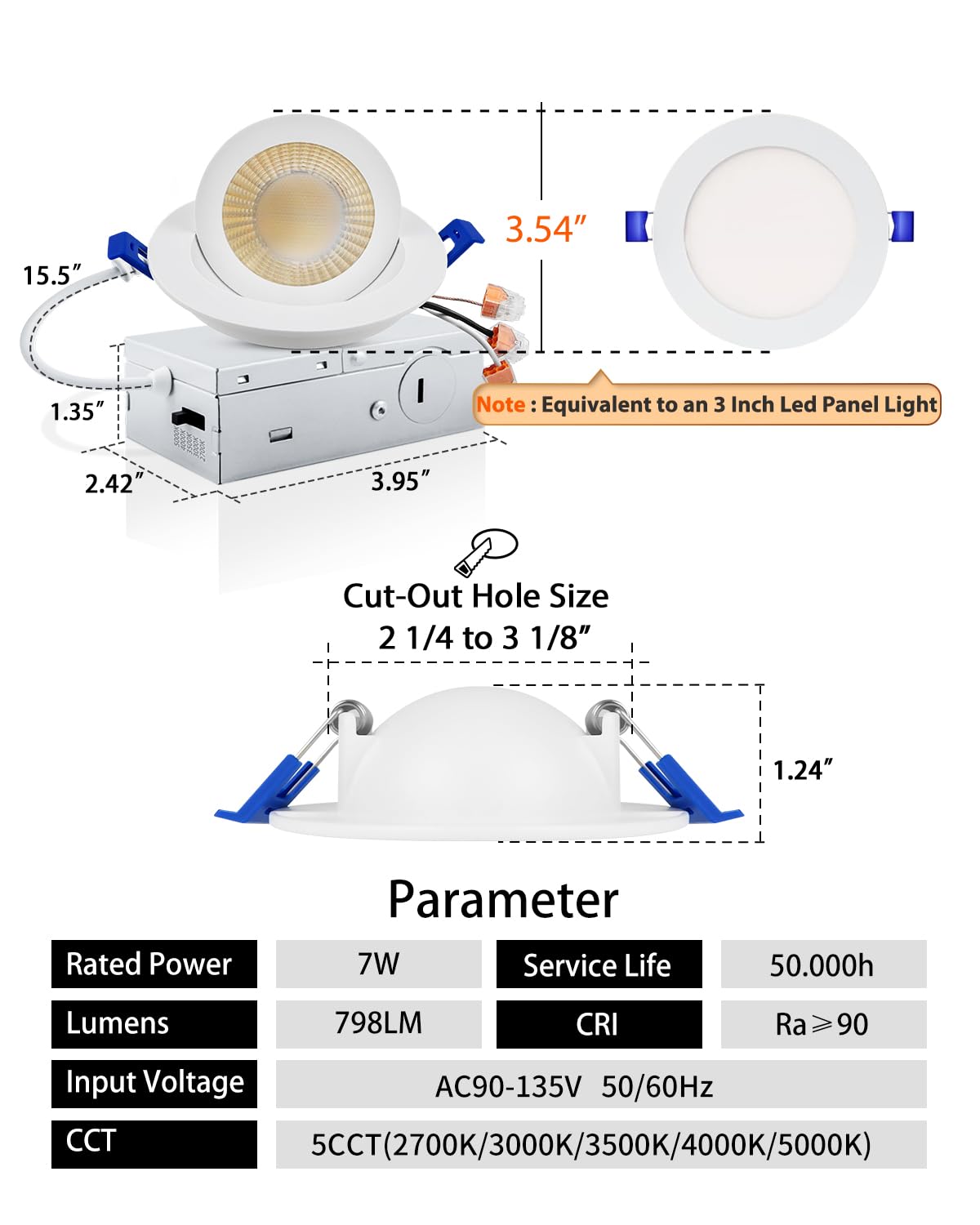 Adetu 3 Inch Gimbal Led Recessed Lighting, 5Cct Selectable, 7W (80W Eqv), 800Lm Bright, White, Model 3In-W