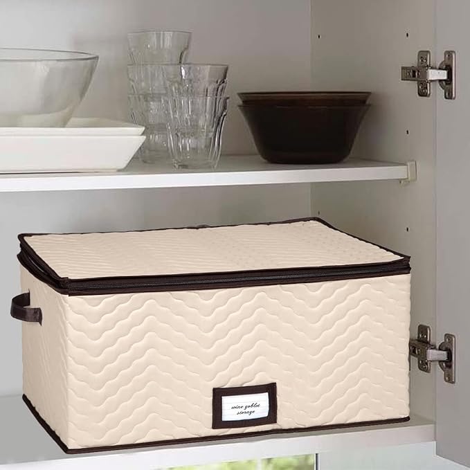 Wine Glass Storage Box with Dividers - Stemware Storage Case, Durable Quilted Microfiber Bin with Carry Handles, Protects Fine China - Durable Quilted Microfiber Bin with Carry Handles (1 Pack, Red Wine Glass)