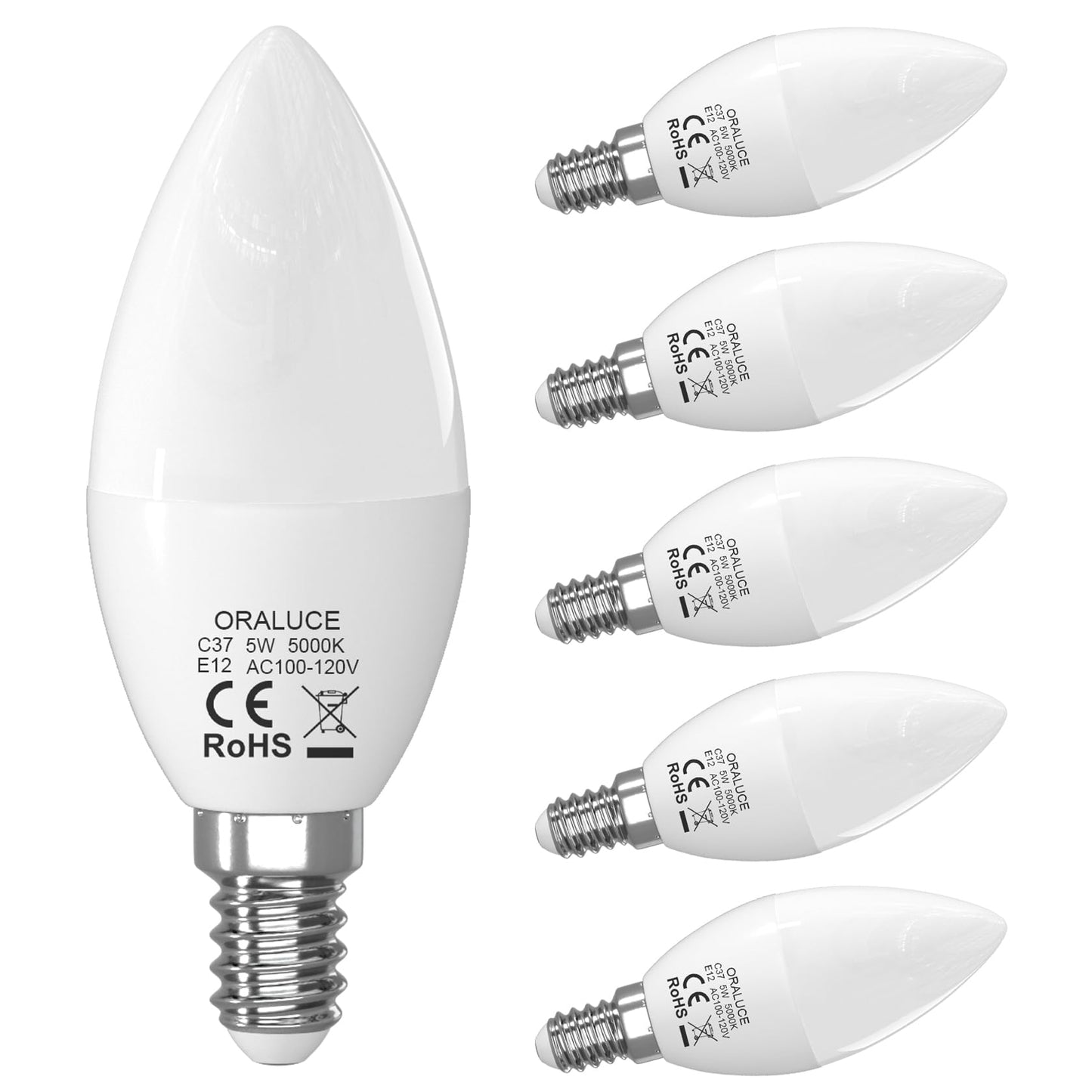 ORALUCE E12 LED Candelabra Light Bulbs, 40W Equivalent, 5000K Daylight White, Non-dimmable, 5W 450LM, 6 Pack