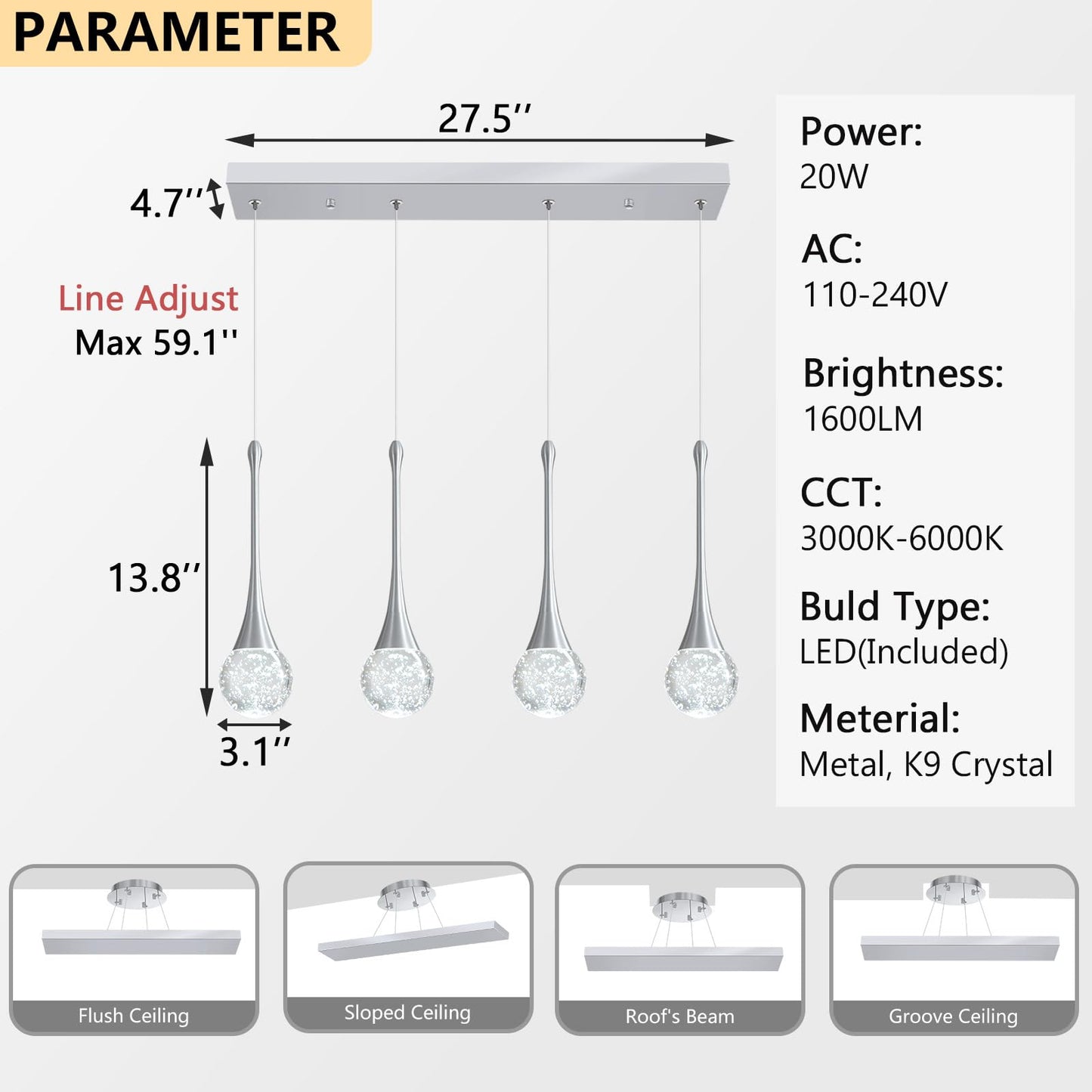 4-Lights Modern Pendant Lights For Kitchen Island Led Dimmable Crystal Glam Ceiling Pendant Lighting Chandelier For Dining Room Hallway Bedroom Silver