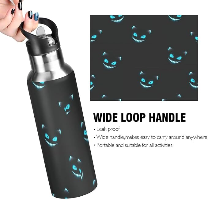 Cheshire Cat Texture Sports Water Bottle, 22 Oz BPA Free Non-Toxic Stainless Steel Water Bottle with Straw for Gym Yoga Fitness Camping