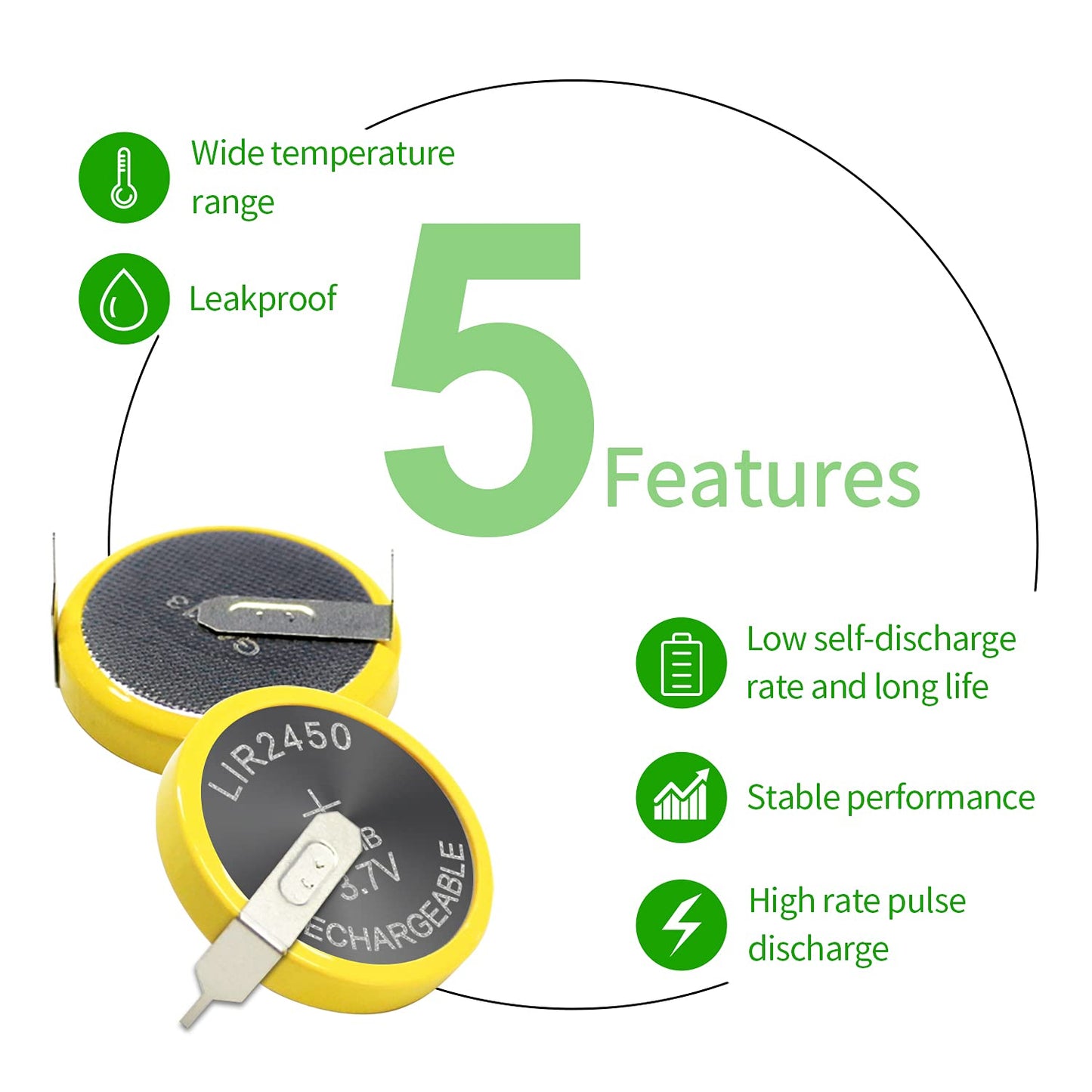 Eemb 5Pcs Lir2450 Rechargeable Battery 120Mah 3.7V Lithium-Ion Coin Button Cell Batteries With Solder Tabs
