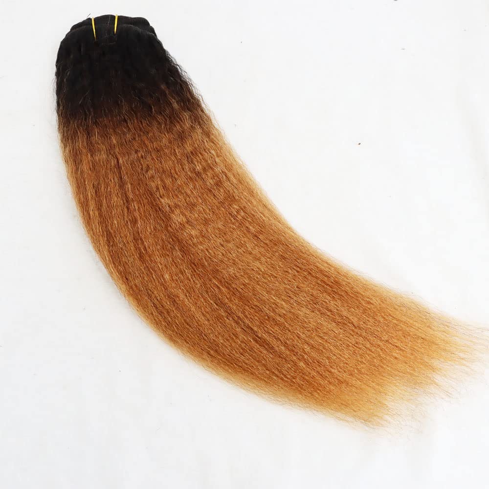 IXTUYLL Virgin Human Hair Clip In Extensions Golden Blonde Ombre Kinky Straight 120 Grams Real Human Hair Curls (T(1B/30) Kinky