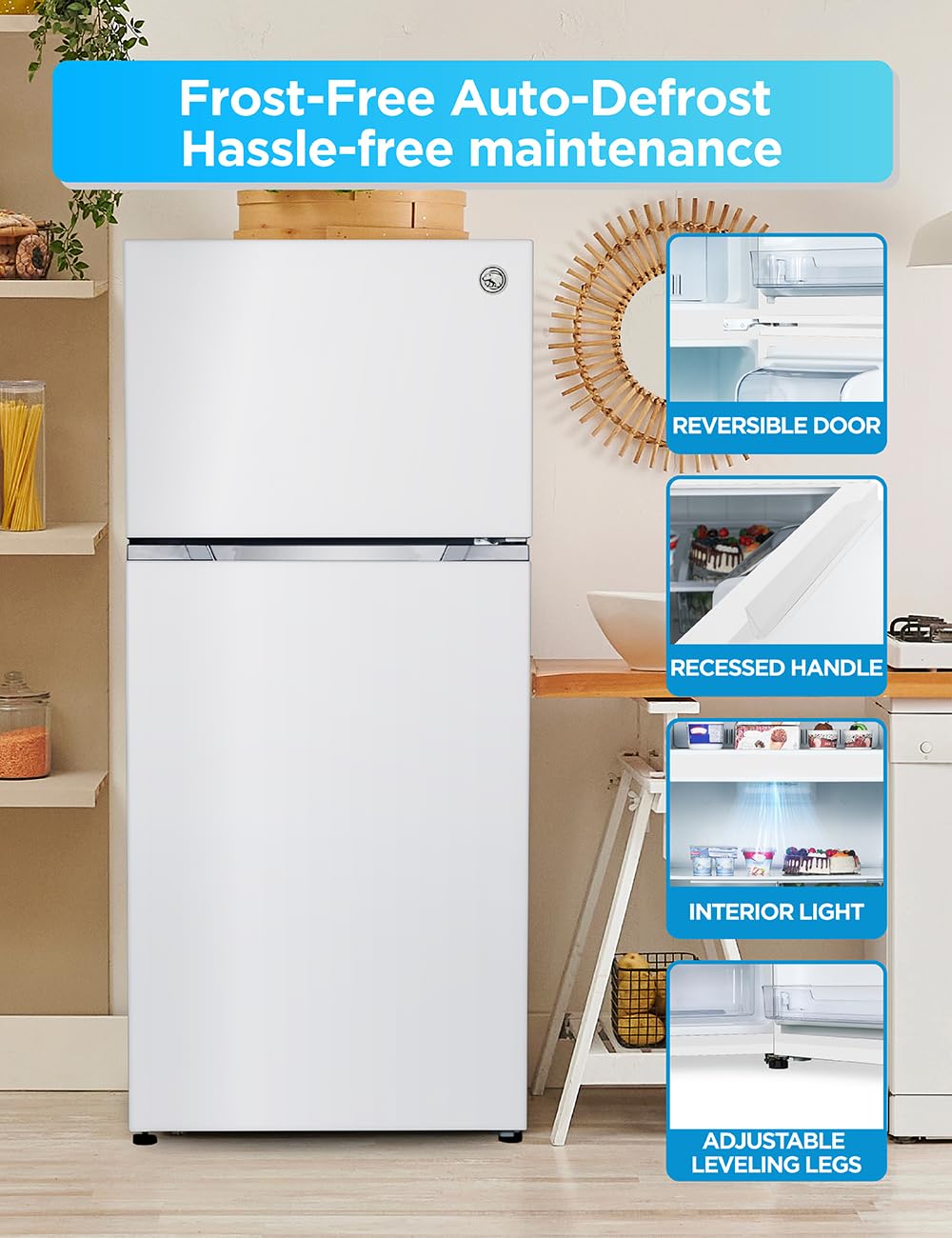 Commercial Cool 18 Cu. Ft. Top Mount Refrigerator with Ice Maker, 2-Door Refrigerator with Top Freezer, Freezer with Icemaker and Adjustable Temperature Control, Energy Star Certified, White