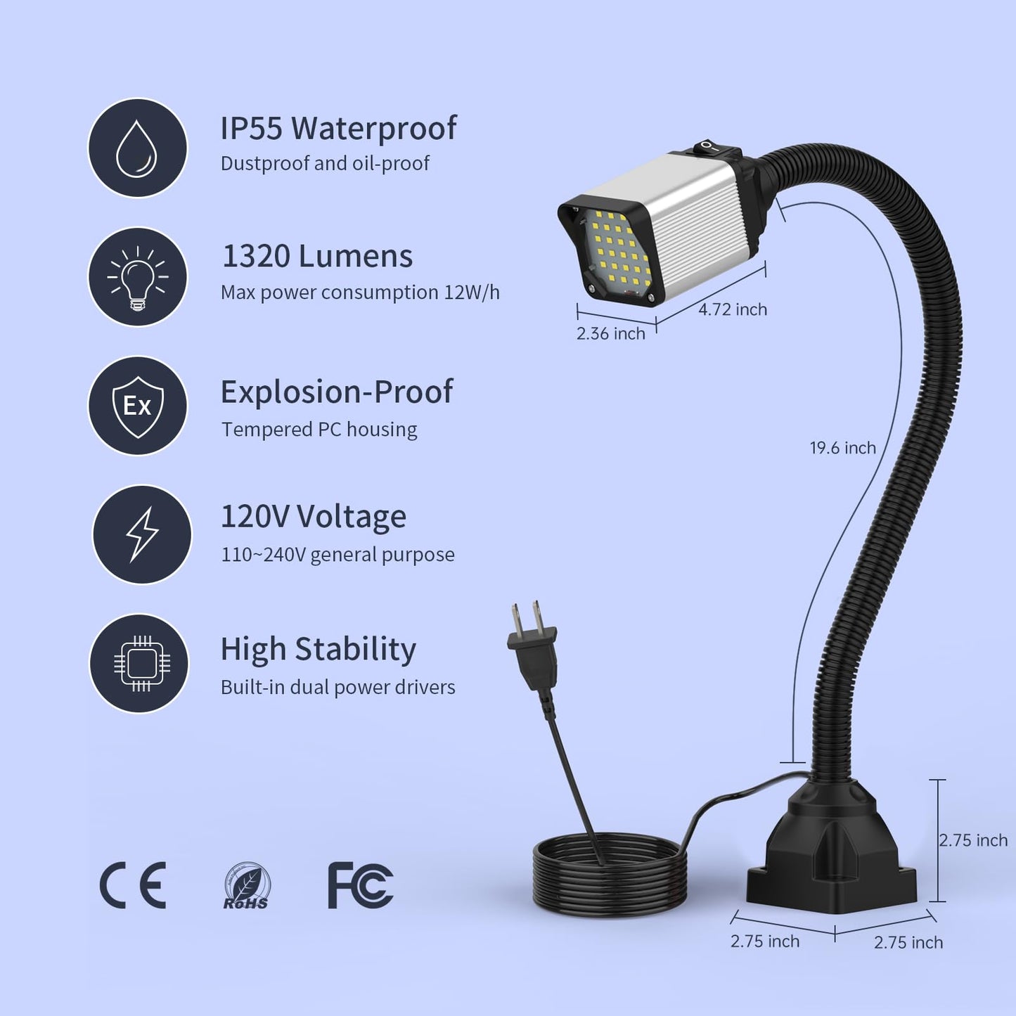 Led Lathe Work Light  20In Flexible Gooseneck Lamp With 28Leds  1200 Lumen Machine Light For Lathecnc Milling Drill Press Sewing Machine Industriallighting 120V(Base With 4Screw Holes)