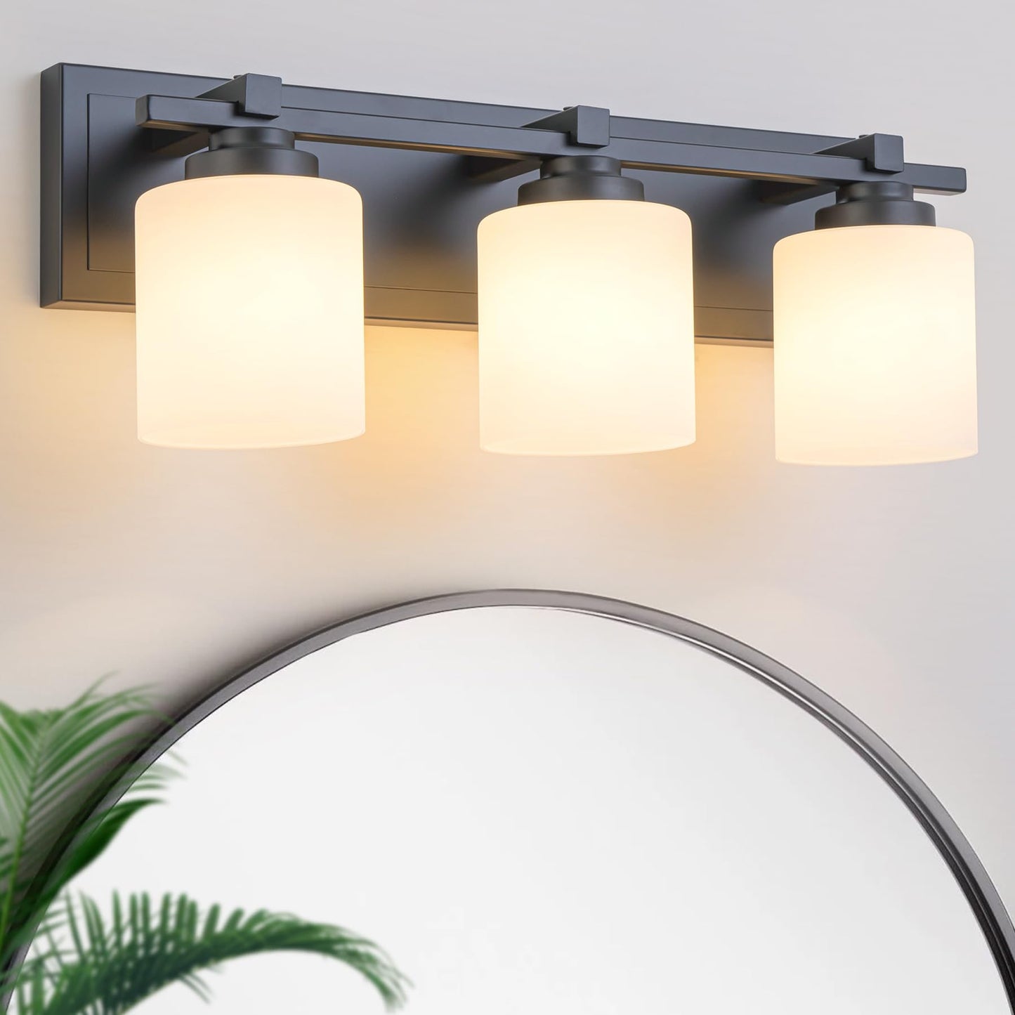 BrkNit 3 Light Modern Bathroom Light Fixtures Over Mirror, Black Vanity Lights for Bathroom Wall Sconces with Milky White Glass Shades, E26 Socket (Bulbs Not Included)