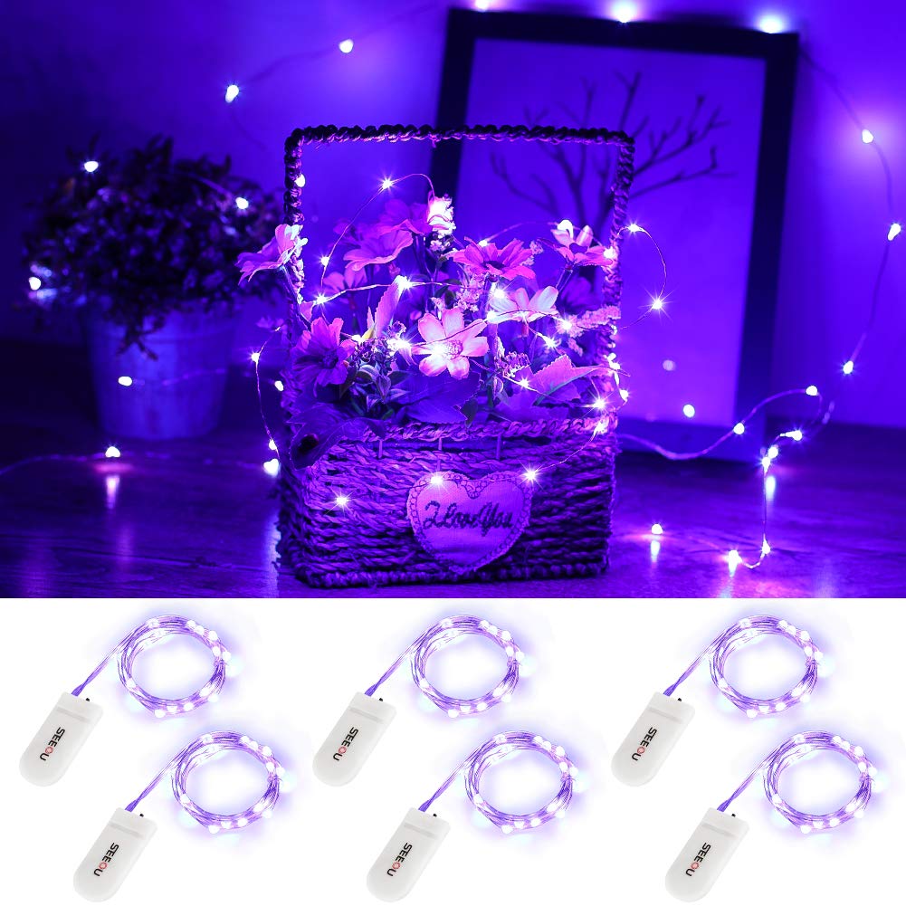 YKB Fairy String Lights - 6 Pack Battery Operated - 3.3ft Silvery Copper Wire - Purple - Model SO01-SSL-0506PP