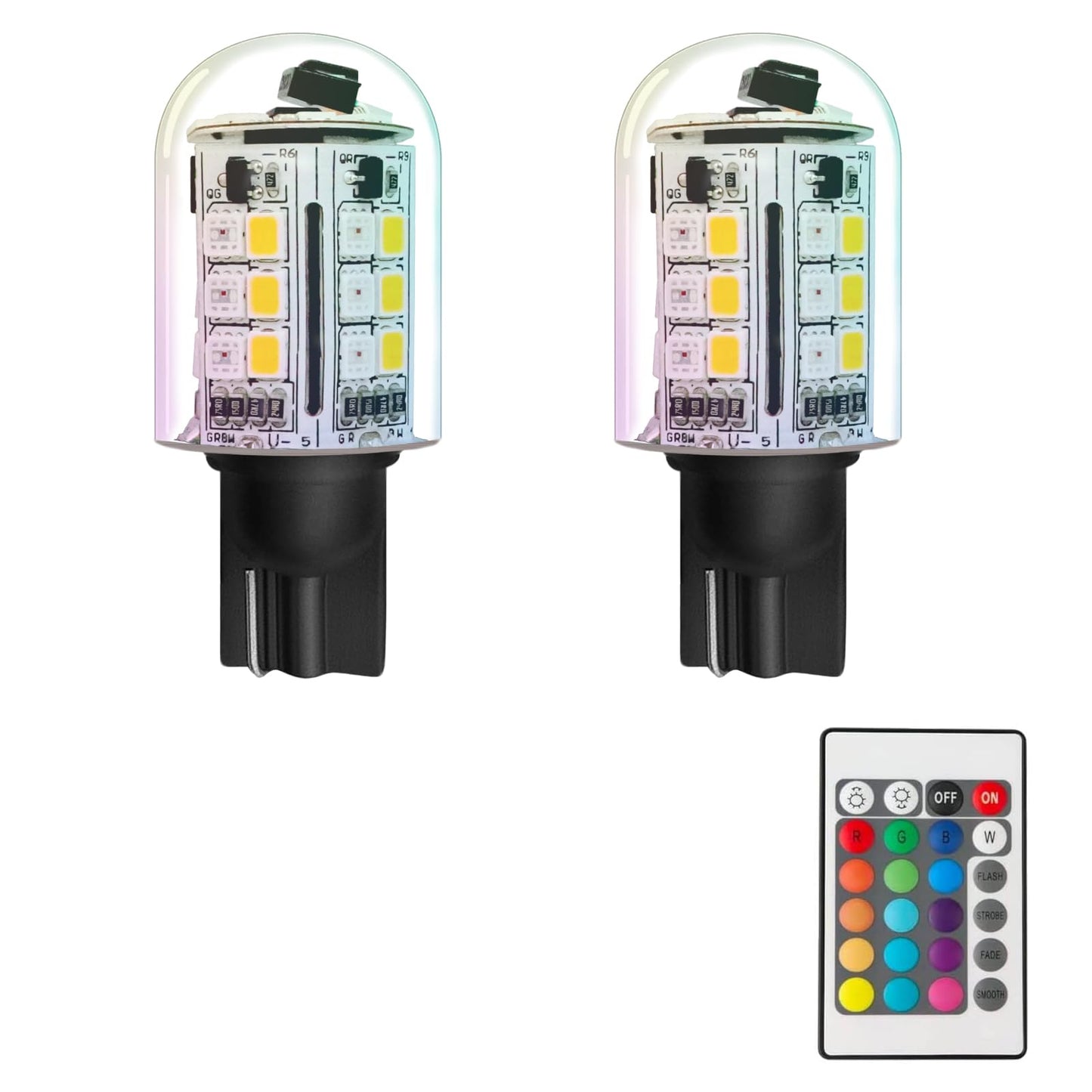 Cheopha RGB T5 T10 Wedge Base LED Bulbs, 2-Pack, Warm White + Multi Colors, Glass, 12V for Halloween & Outdoor Lighting