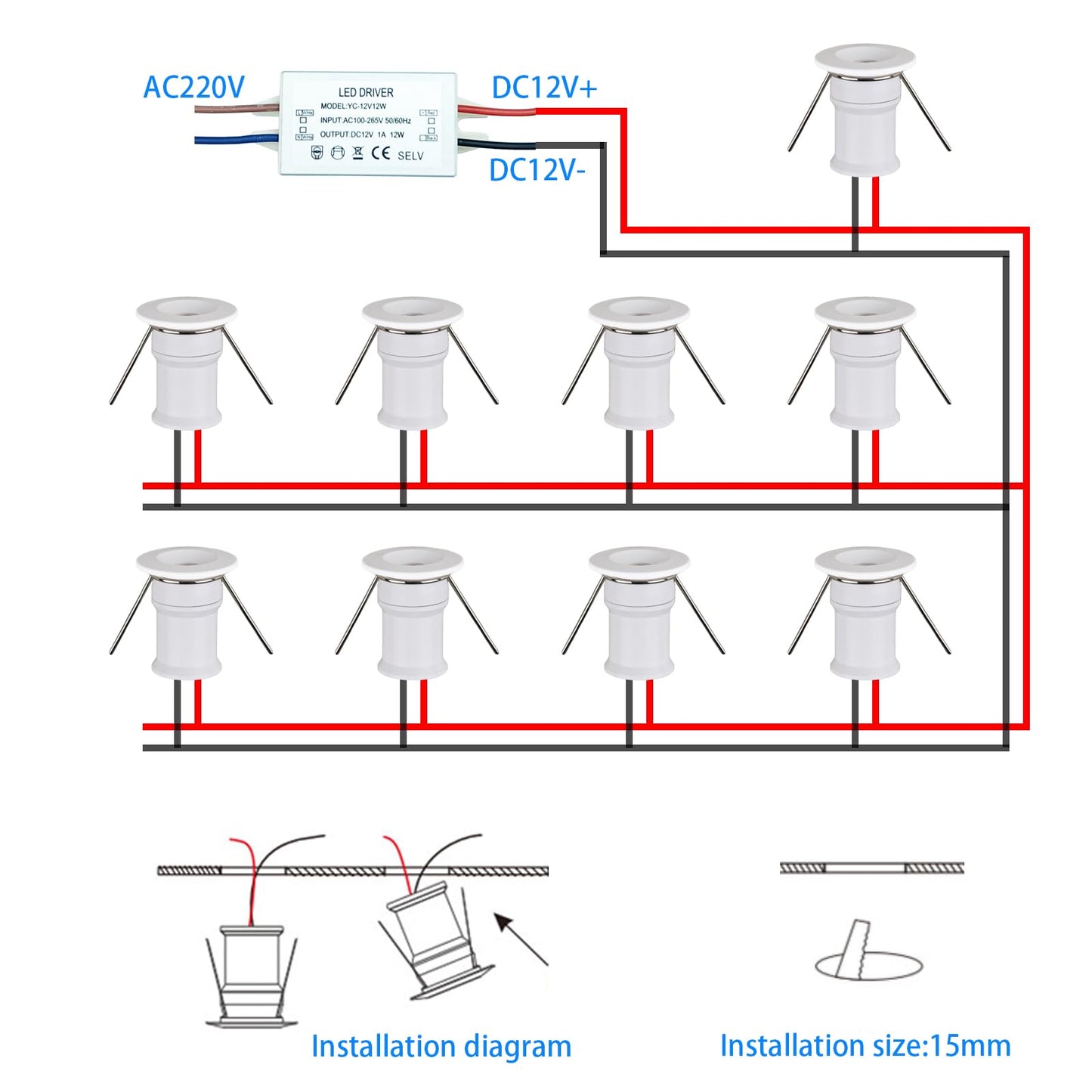 Hhtun 902 Led Mini Spotlight Dc12V 1W Suitable For Bookcases Cabinets And Various Display Cabinets As Decorative Lights Embedded Installation Soft Lighting With Power Supply (3000K White 9Pack)