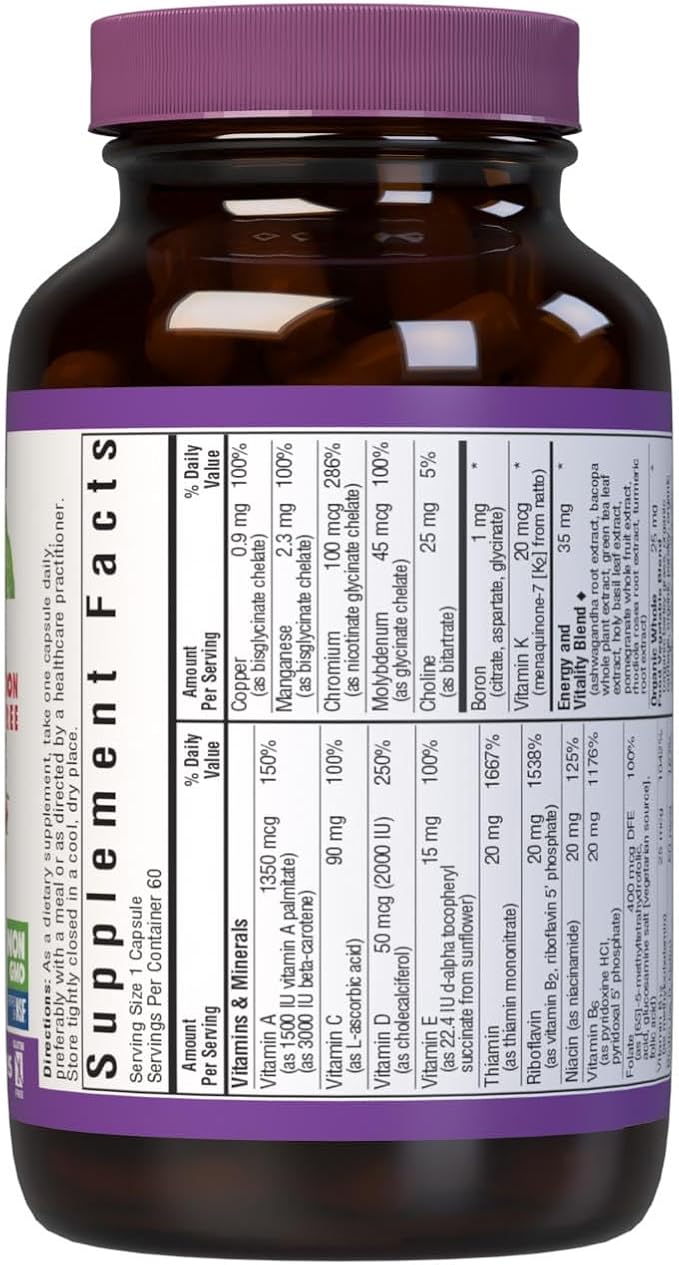 Bluebonnet Nutrition Maxi One (Iron-Free), Whole Food Multiple, Enzymes, Energy, Vitality, Gluten-Free, Kosher, Dairy-Free, Vegetarian Friendly, Soy-Free, Non-GMO, 60 Vegetable Capsule, 2 Month Supply