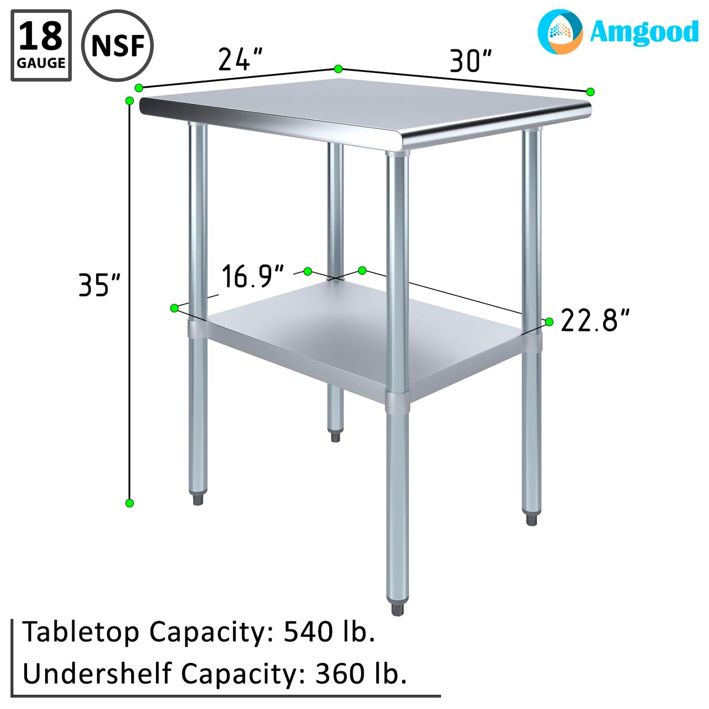 AmGood 30 in. x 24 in. Stainless Steel Work Table | Metal Kitchen Food Prep Table | NSF