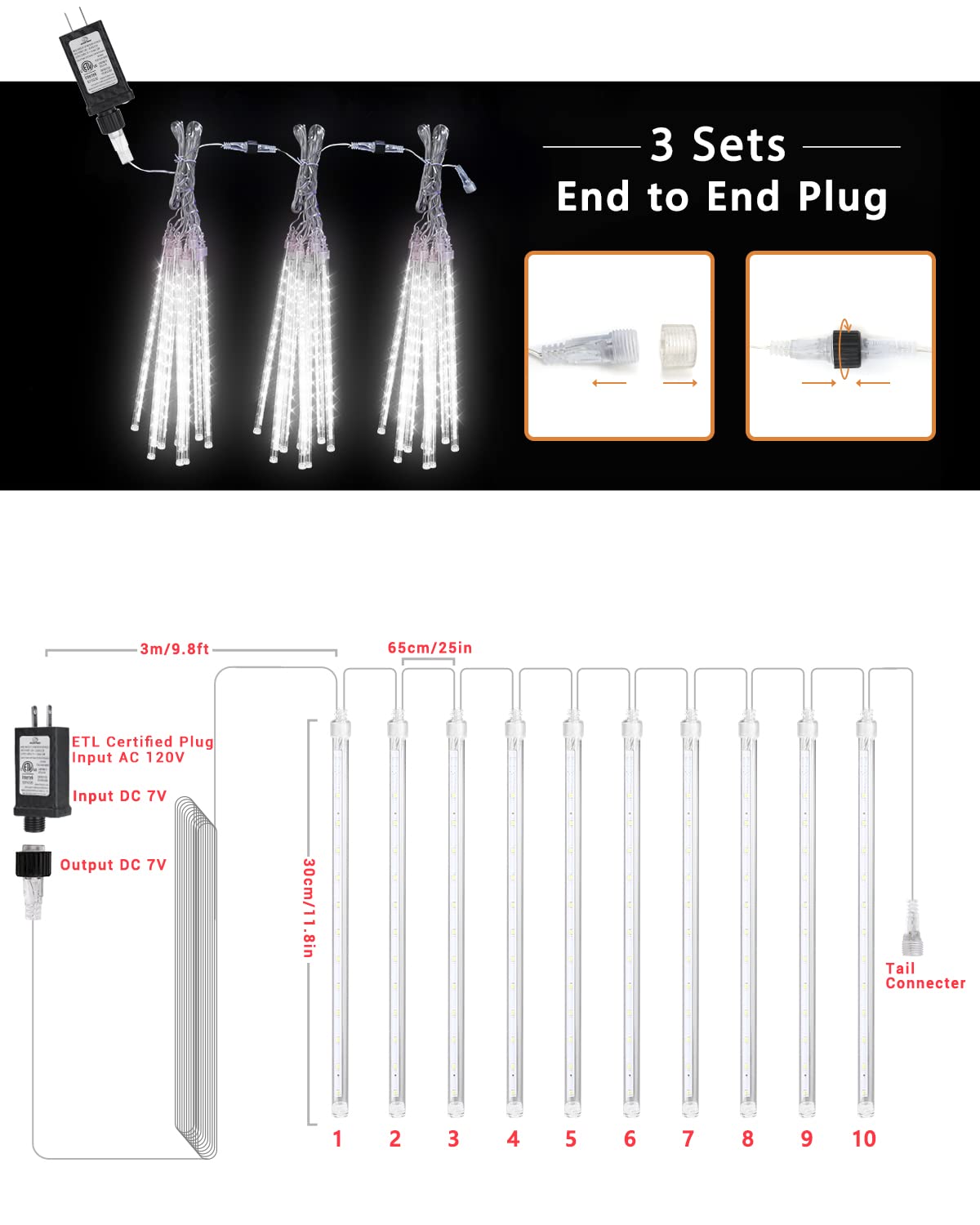 Flacchi 10 Tubes LED Raindrop Lights, Cool White, PVC, Model GP-SW070DC0514T-IP44, Timer Function, Holiday Party Decorations