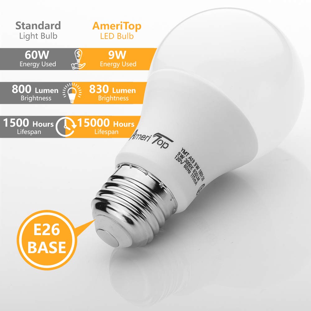 AmeriTop A19 LED Light Bulbs, 9W (60W Equivalent), 830 Lumens, 6 Pack, 3000K Warm White, Non-Dimmable, E26