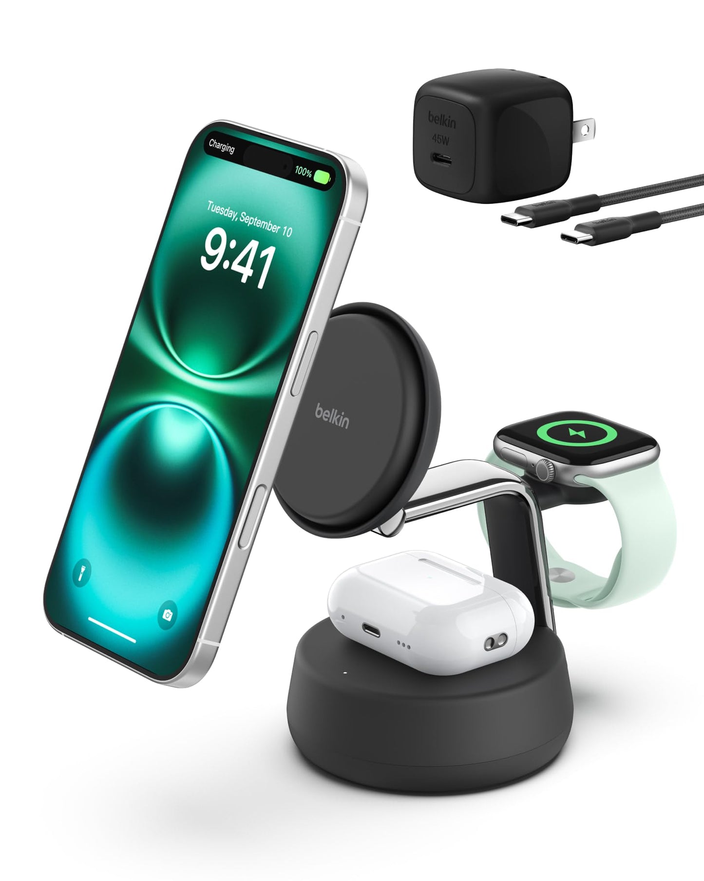 Belkin MagSafe Charger Compatible, 3-in-1 Charging Station, Qi2.2 25W w/Cooling Fan (On/Off Control) Magnetic Wireless Charger for iPhone 17, Apple Watch, AirPods, Pixel 10 (45W Adapter Included)