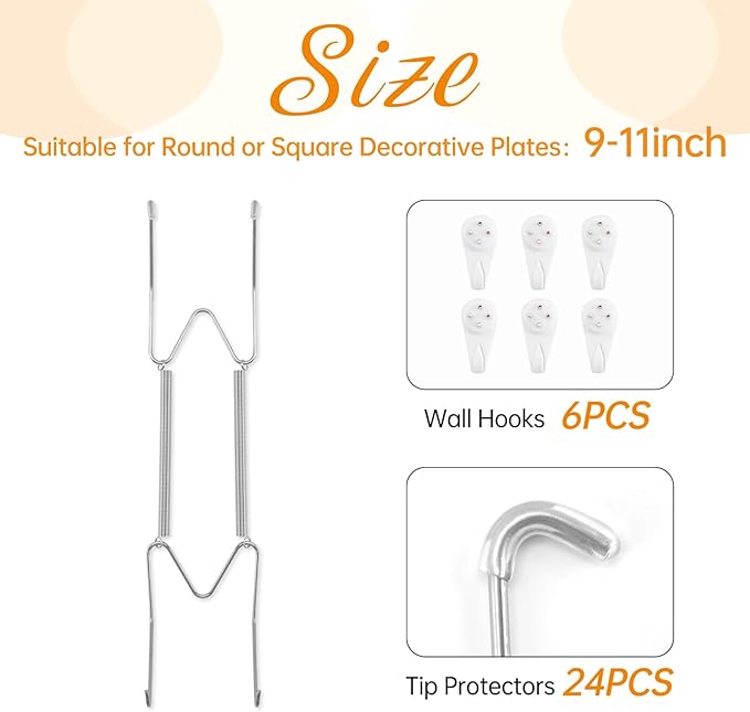 6 Pack Plate Hangers for The Wall, Suitable for 9-11 inch Art Plate, Stainless Steel Invisible Heavy Duty Wire Plate Holder with Wall Hooks, Plate Hangers for Displaying Plates, Platter, Dish, Silver