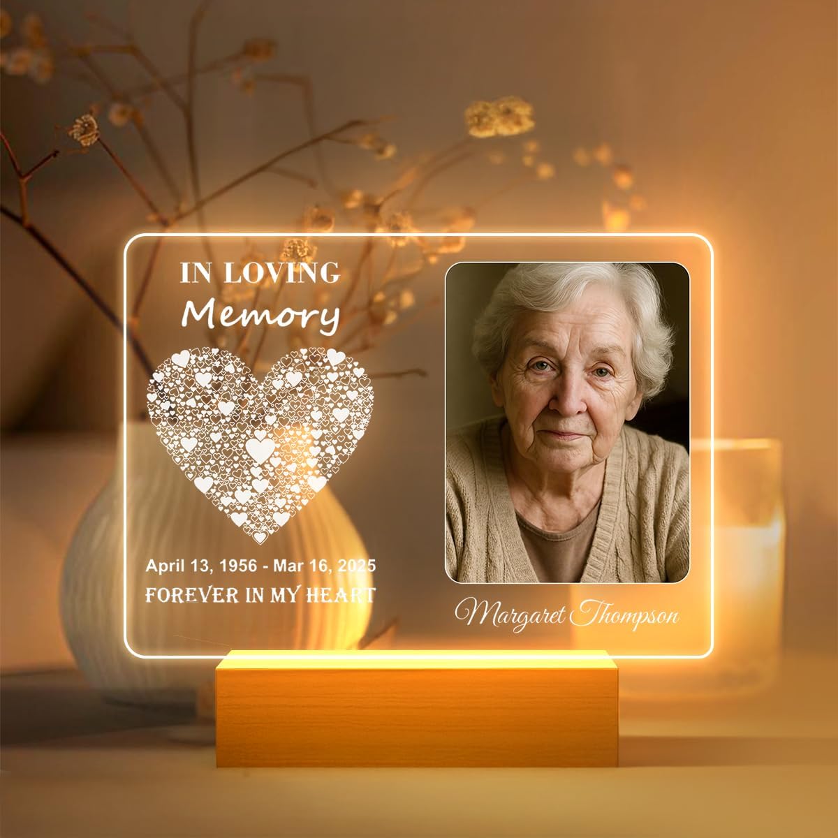 Personalized Memorial Picture Frame Night Light Lamp, Sympathy Gift for Loss of Loved One, in Memory of Dad, Mom, Husband, Sister, Friend, Funeral Mourning Ideas