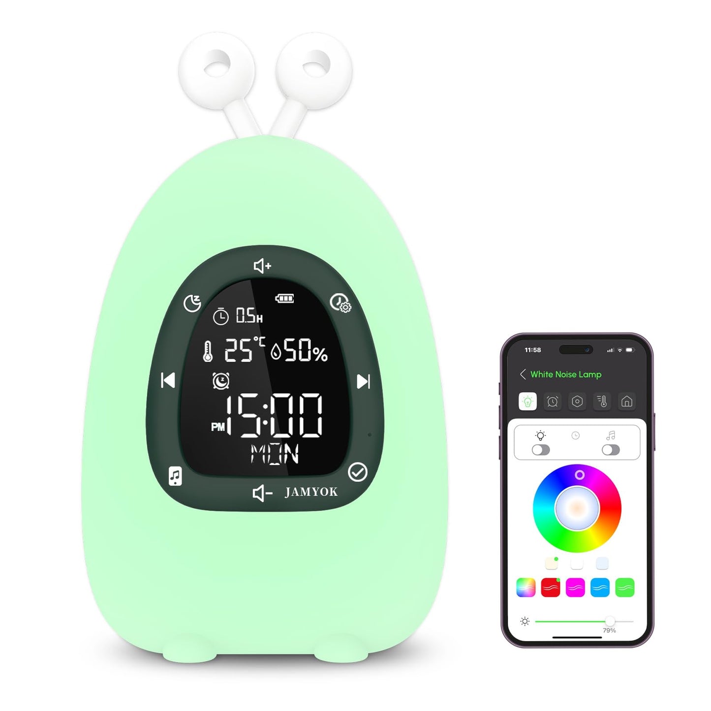 JAMYOK Sunrise Alarm Clock Wake Up Light, White Noise Sound Machine with 20 Soothing Sounds, 10 Night Lights, Bluetooth Speaker/App Control, Dimmable Clock for Baby Kids Adults Heavy Sleepers Bedrooms
