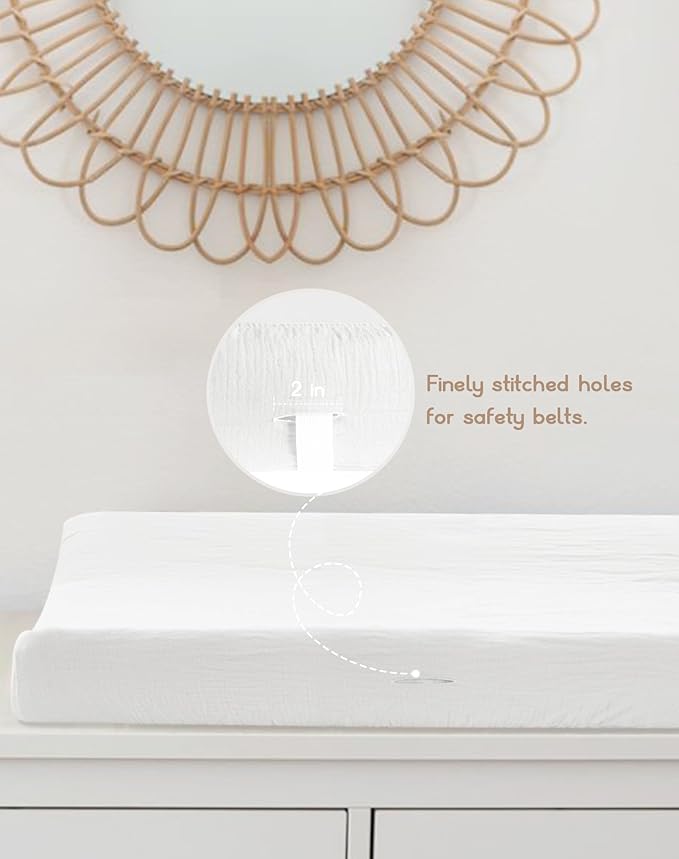 Changing Pad Cover for Baby Girls Boys, Muslin Changing Table Pad Covers with Boho Style, Neutral Color Soft and Breathable (White & White)