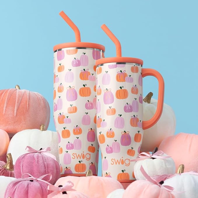 Swig Life 30oz Mega Mug, 30oz Tumbler with Handle and Straw, Large Insulated Tumblers, Cup Holder Friendly Travel Mug, Stainless Steel 30 oz Tumbler, Reusable Insulated Bottle (Pumpkins and Bows)