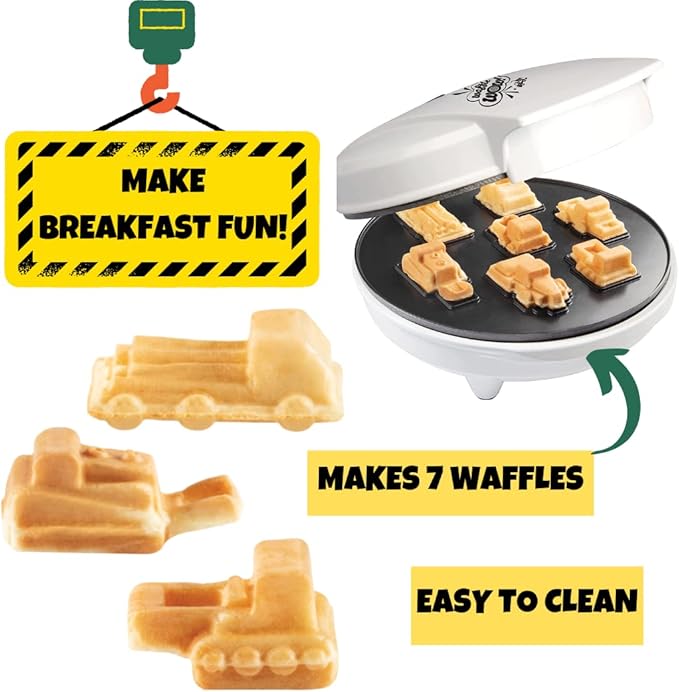Construction Trucks Mini Waffle Maker- Make 7 Different 3D Vehicle Shaped Pancakes Feat a Bulldozer Forklift & More- Electric Nonstick Pan Cake Car Waffler Iron w Recipe Guide, Fun Kids Treat or Gift