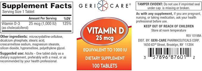 GeriCare Vitamin D 25mcg Tablets, Promotes Healthy Bones & Immune Support, Dietary Supplement, 100 Count (Pack of 2)