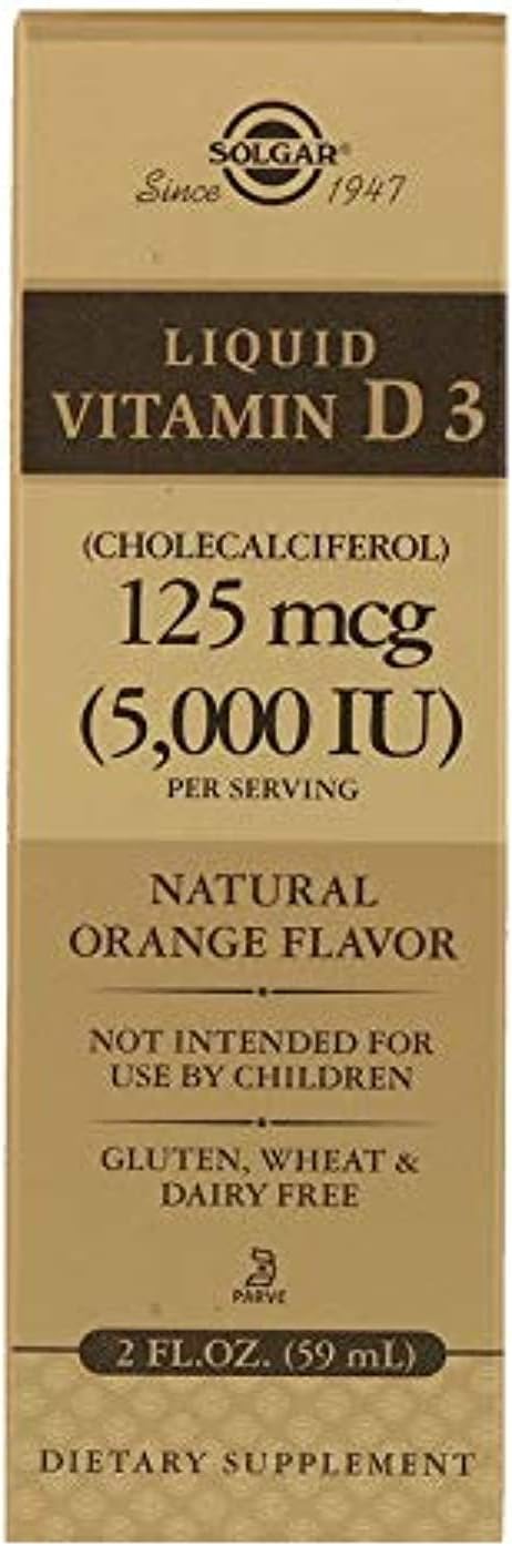 SOLGAR Liquid Vitamin D3 125 mcg (5,000 IU) - 2 fl oz - Delicious, Natural Orange Flavor - Helps Maintain Healthy Bones & Teeth - Immune System Support - Gluten Free, Dairy Free, Kosher - 59 Servings
