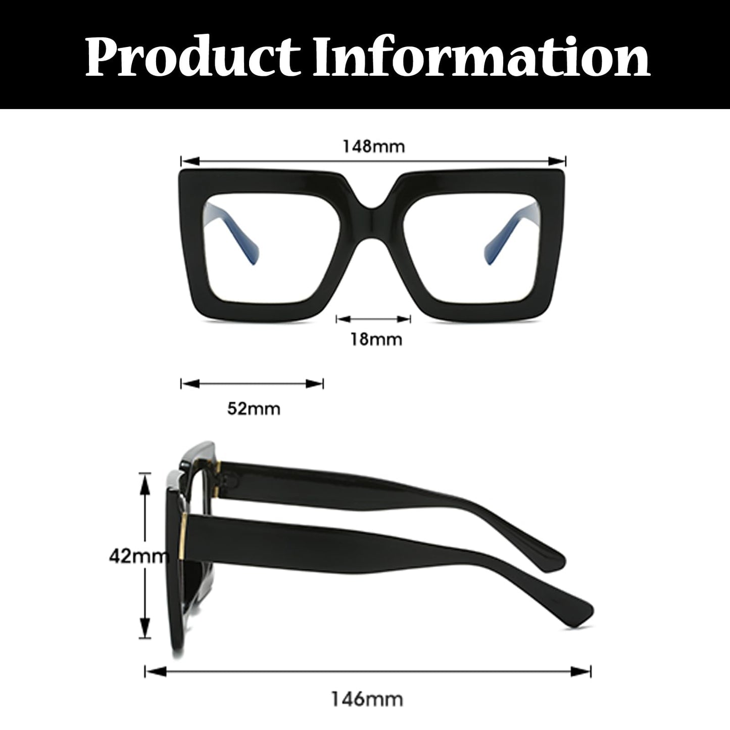 Ljczka Oversized Square Blue Light Glasses For Women Big Thick Frame Eyeglasses Stylish Chunky Computer Anti Glare Glasses (Brow