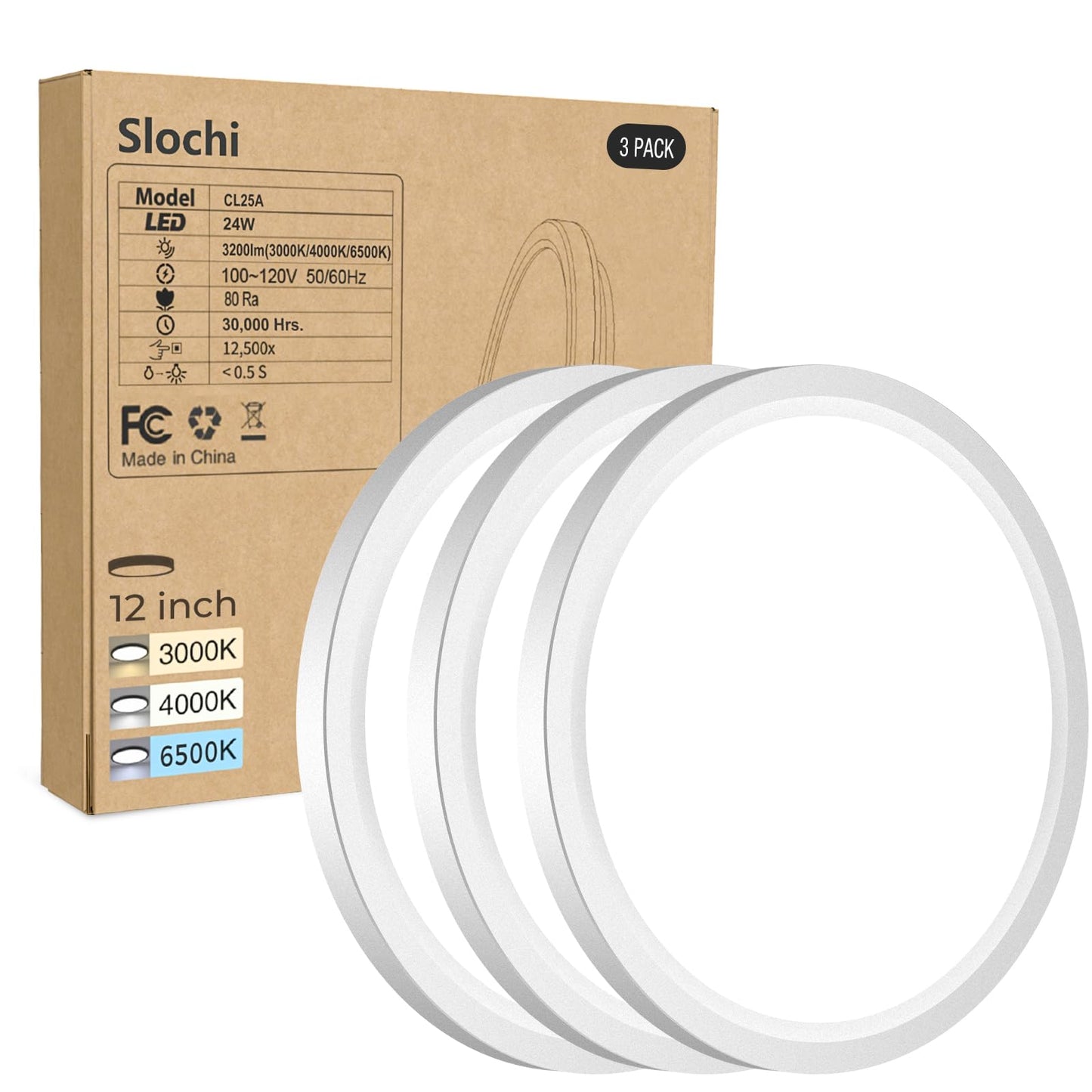 Slochi 3 Pack Flush Mount Ceiling Light Fixtures, 12 Inch Ultra Thin, White, 3000K-4000K-6500K, 100W Equivalent, Plastic