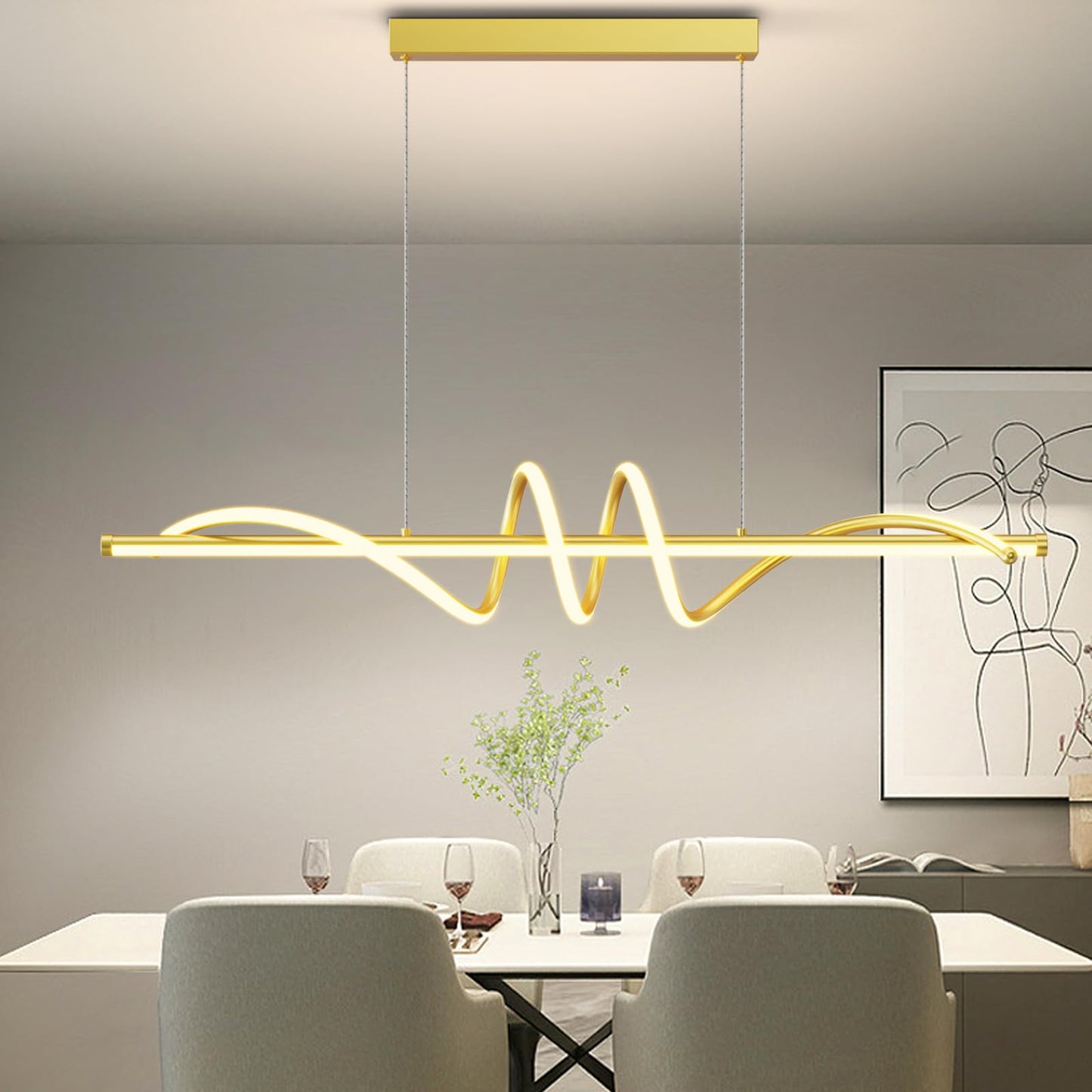 Zihoi Modern Pendant Light Fixture, 39in Aluminum LED Chandelier, Dimmable 3000K-6000K, A-Gold, Model LX