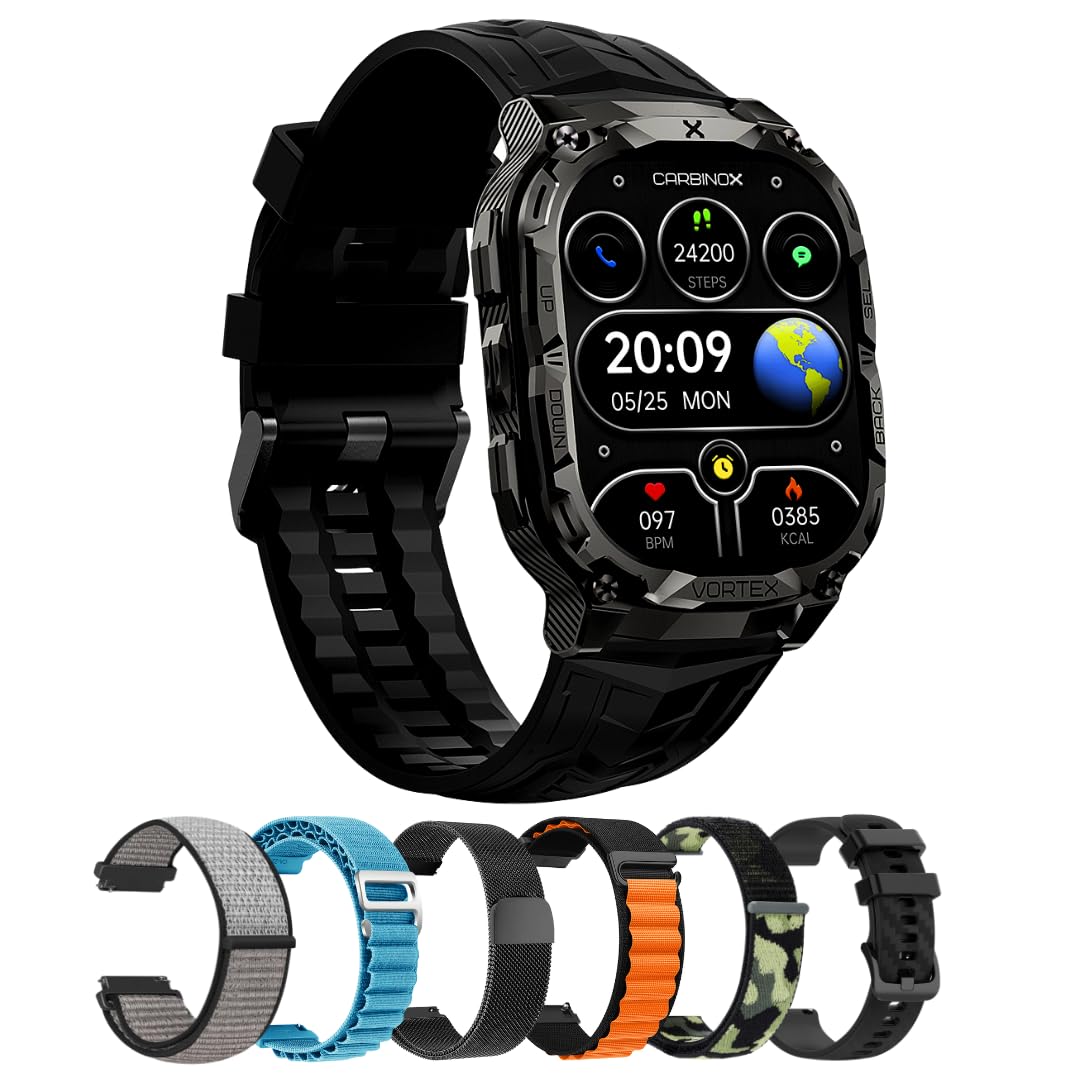 CARBINOX Vortex Smart Watch with with 6 Pack Bands 22 mm, Rugged Fitness Tracker IP69K Waterproof Compatible with Android and iOS Phone, 14 Days of Battery Military Durable