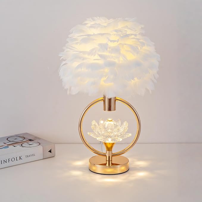 ZYLEIESENBAO Chic White Feather Lamp 17IN Modern Crystal Fluffy Table Lamp Cute Romantic Bedside Nightstand Light Nordic Furry Desk Lamp for Girl Bedroom Living Room Entry Office Hotel Party Wedding
