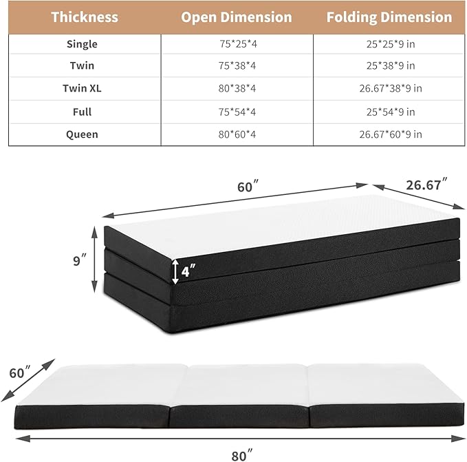 DUMOS Folding Mattress, 4 inch Tri-Fold Memory Foam Mattress, Foldable Mattress Topper with Washable Cover, Foldable Guest Bed, Travel Mat, 80"×60"×4", White