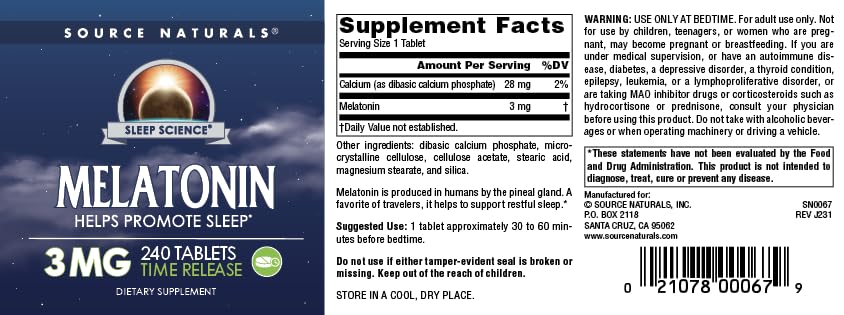 Source Naturals Time Released Melatonin 3 mg - 240 Time Release Tablets