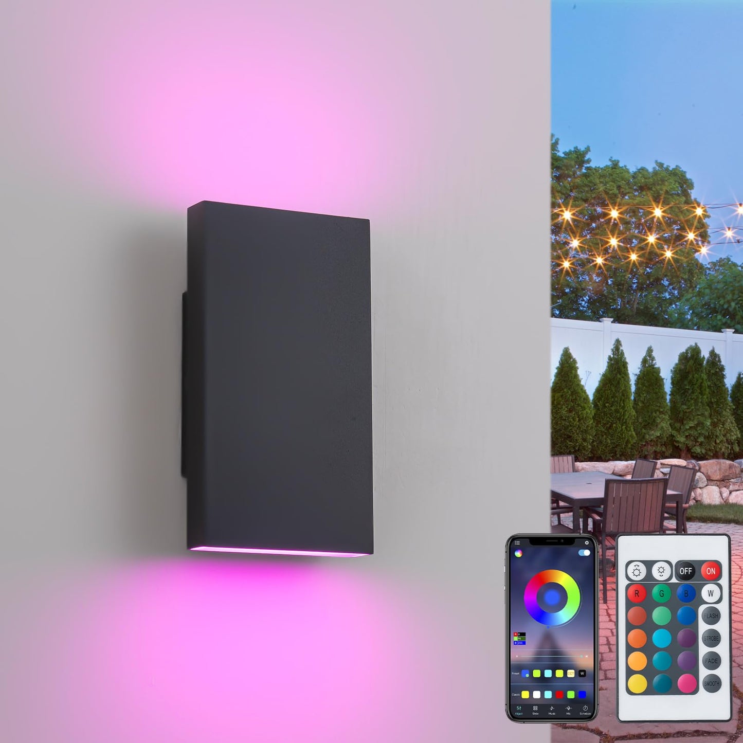 Zicbol Outdoor Wall Light, 10in RGB Color Changing Sconce, Remote/App Control, Black, Metal, Model HY058