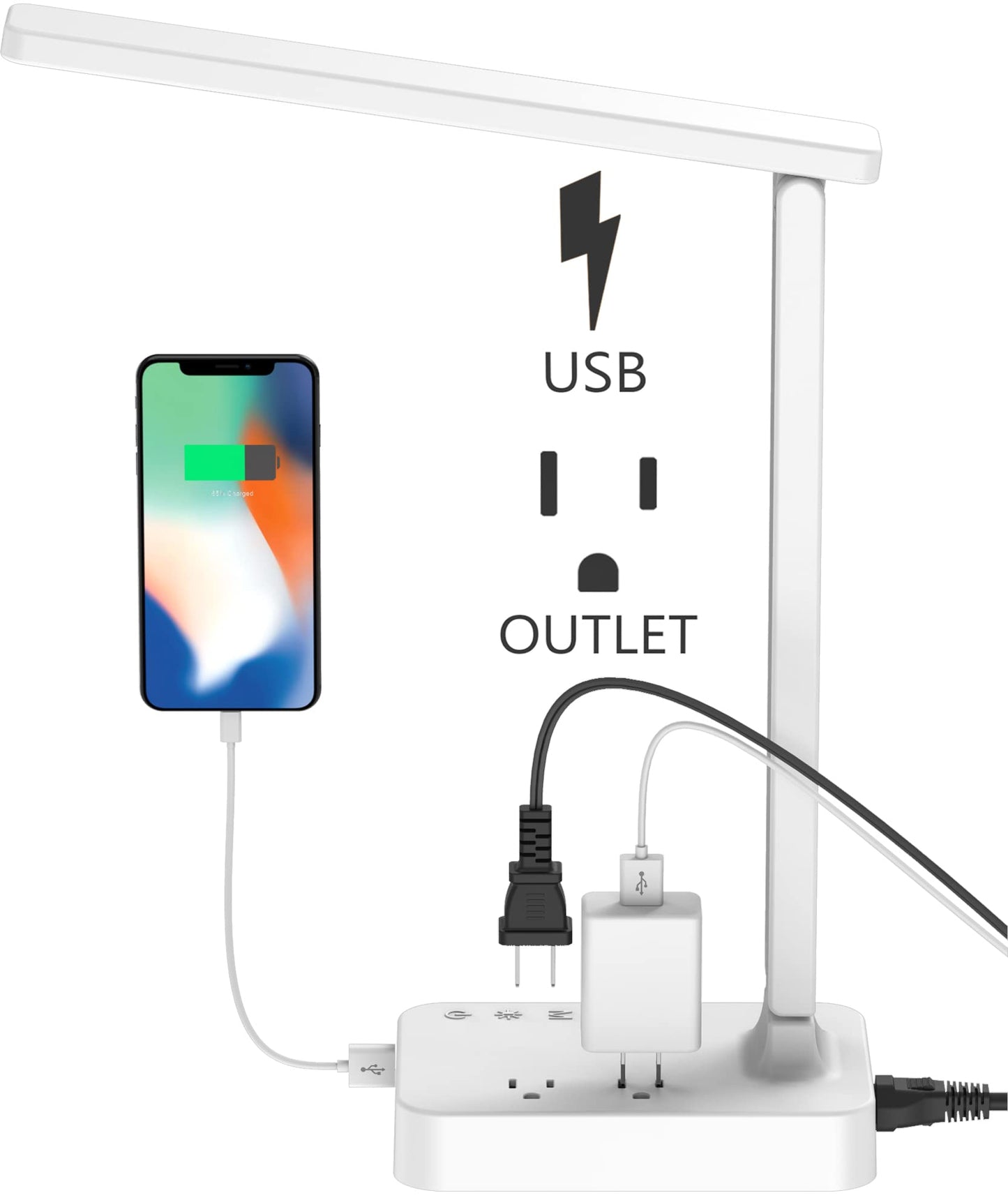 Drevet LED Desk Lamp with USB Charging Port, 2 AC Outlets, 3 Lighting Modes, Touch Control, Eye-Caring, White